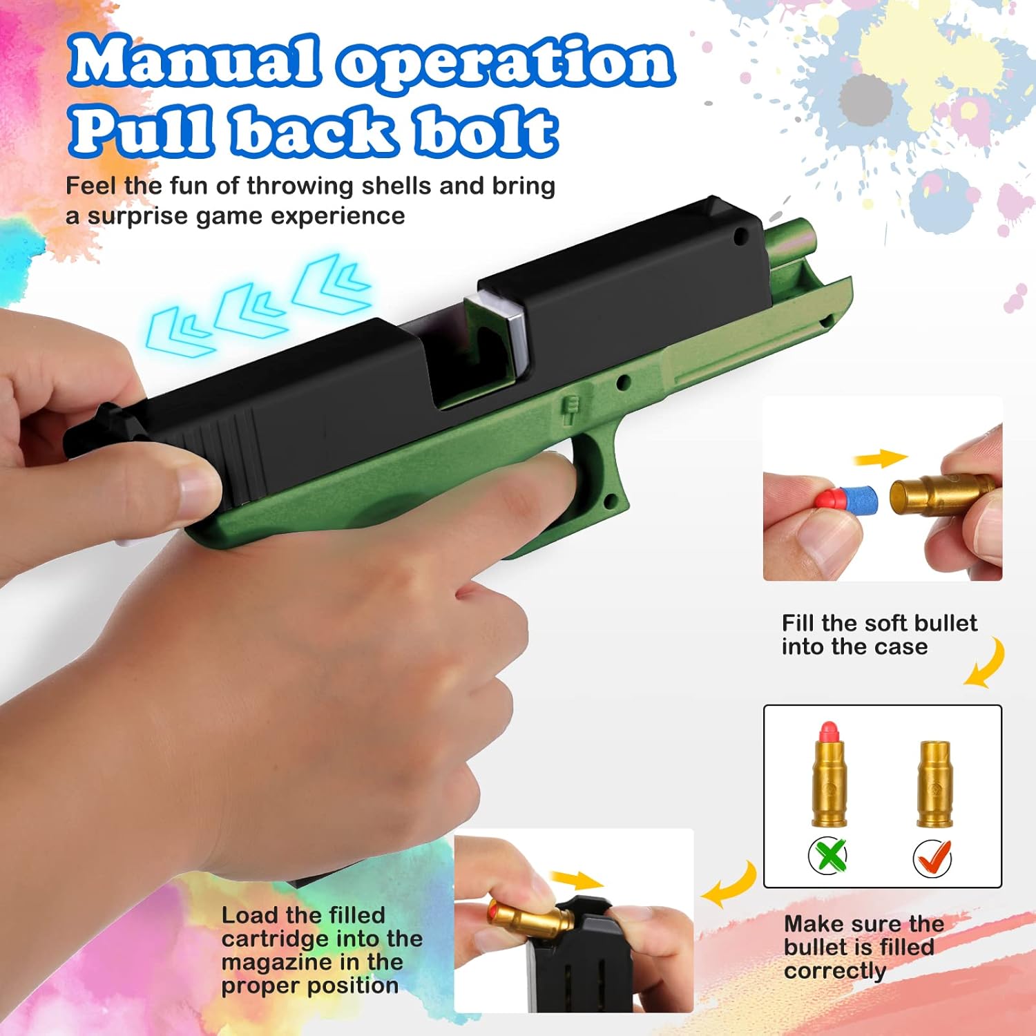 Shooting Game Toy for Kids, Soft Foam Bullet Blaster Toy, Manual Reloading Automatic Ejection of Bullet Cases for Educational Toys Pistol Model for 14+ Kids Gift, Green : Toys & Games