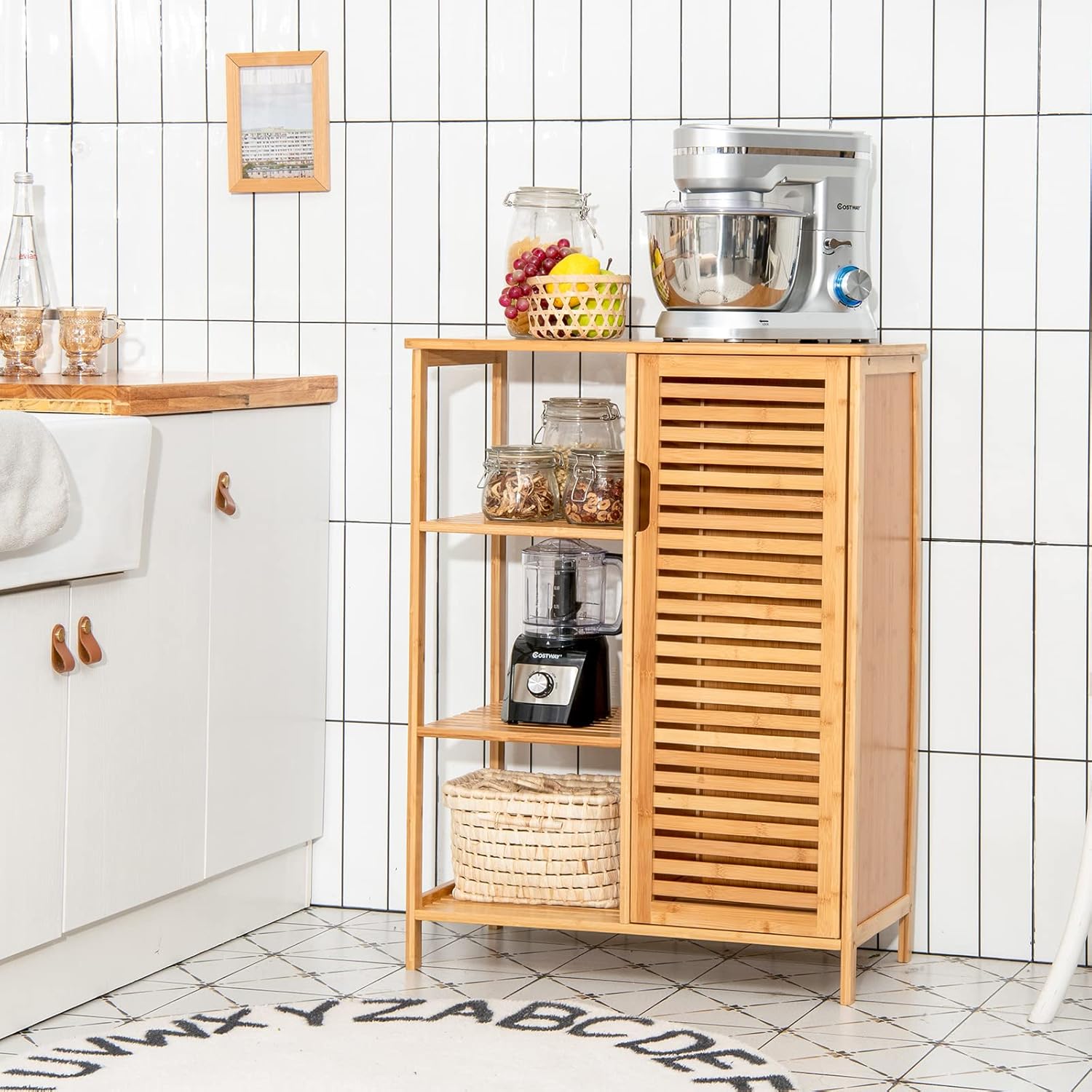 Giantex Bathroom Storage Cabinet Bamboo Floor Cabinet Free Standing Organizer, with 3-Tier Open Shelf & Multipurpose Closed Compartments for Kitchen, Living Room
