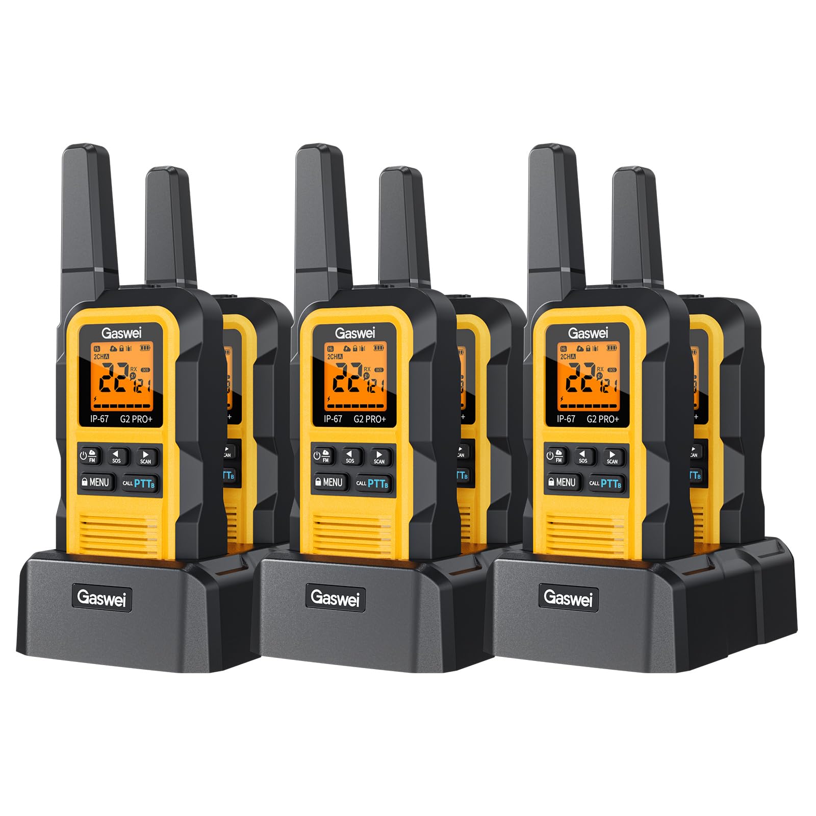 Gaswei G2pro+ IP67 Waterproof Floating Walkie Talkies Long Range for Adults, Heavy Duty Walkie Talkie with Double PTT,FM Radio,SOS,NOAA Weather,VOX, Two Way Radio Rechargeable Battery(Yellow 6Pack)