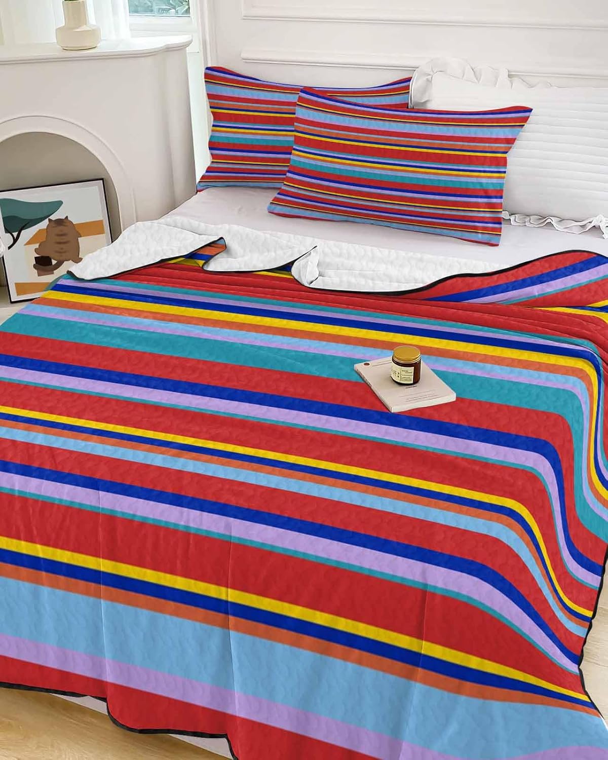 King Size Quilt Set, Mexican Stripes Blue Red Lightweight Bedspread Coverlet Set Soft Microfiber Summer Quilt with 2 Pillow Shams, Ethnic Boho Native American 3 Piece Comforter Bedding Set