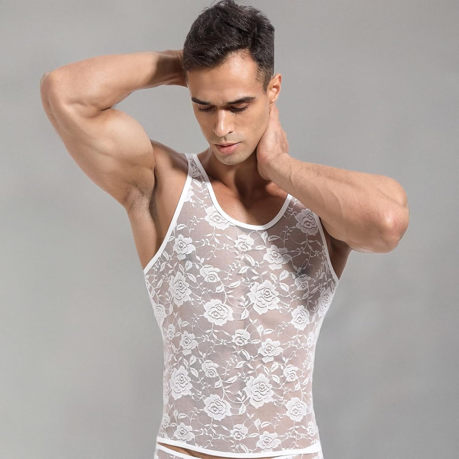 Men Lace Shirt See Through Tank Top Sleeveless Fishnet Sheer Underwear Sissy Lingerie for Crossdressers - Image 7