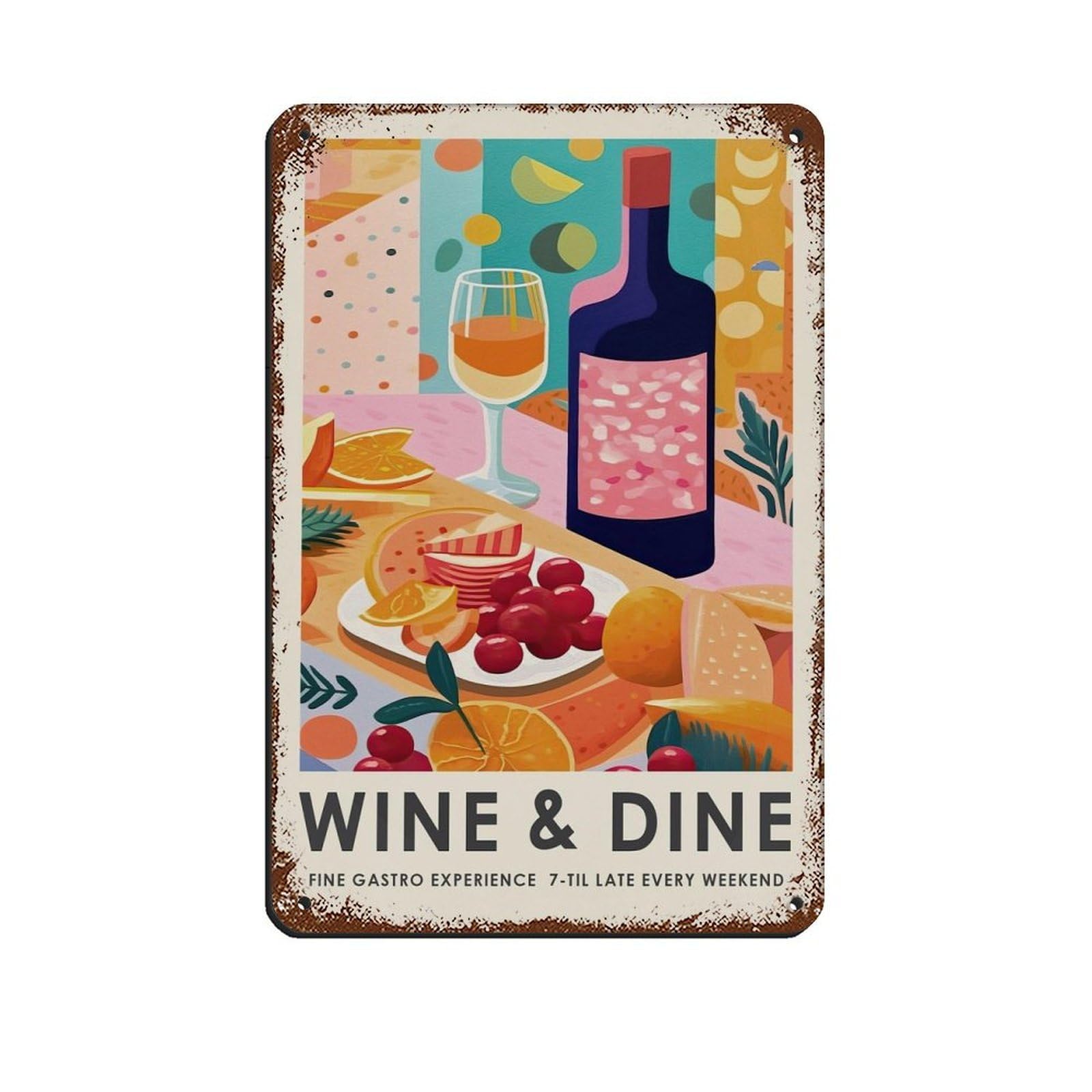 Food And Wine, Vintage Food Art Tin Sign Vintage Metal Pub Club Cafe Bar Home Wall Art Decoration Poster Retro 8x12inch(20x30cm)