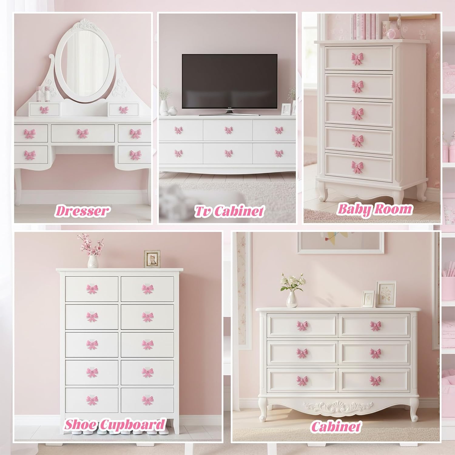 12 Pcs Pink Bow Dresser Knobs Cast Iron Coquette Bow Drawer Knobs Cabinets Hardware Pulls Decorative Vintage Handles for Nursery Girls Room Vanity Bedroom Home Desk Wardrobe