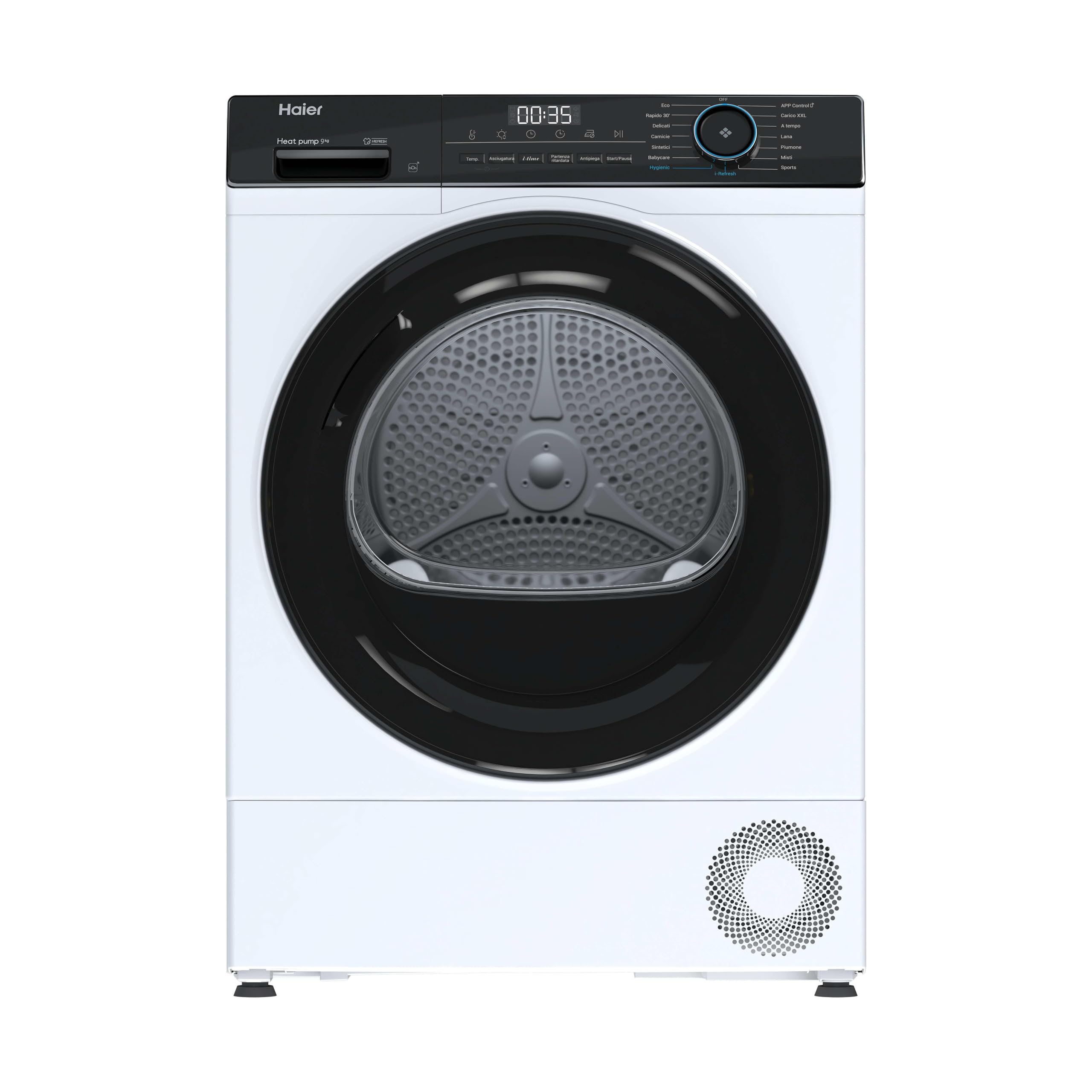 Haier I-PRO SERIES 3 Asciugatrice 9 Kg a Pompa di Calore, Libera Installazione, Classe D, I-Refresh Pro, Rumorosità (dB) 64, IoT APP hON, 85 x 60 x 62.5 (A x L x P cm), Bianca - HD90-D939-IT