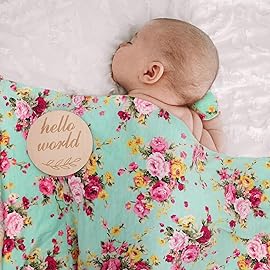 DRESHOW BQUBO Floral Swaddles for Baby Girl Newborn Receiving Blanket with Bow Hat Mittens Wooden Birth Announcement Card Set Baby Floral Print Swaddle Nursery Swaddle Wrap