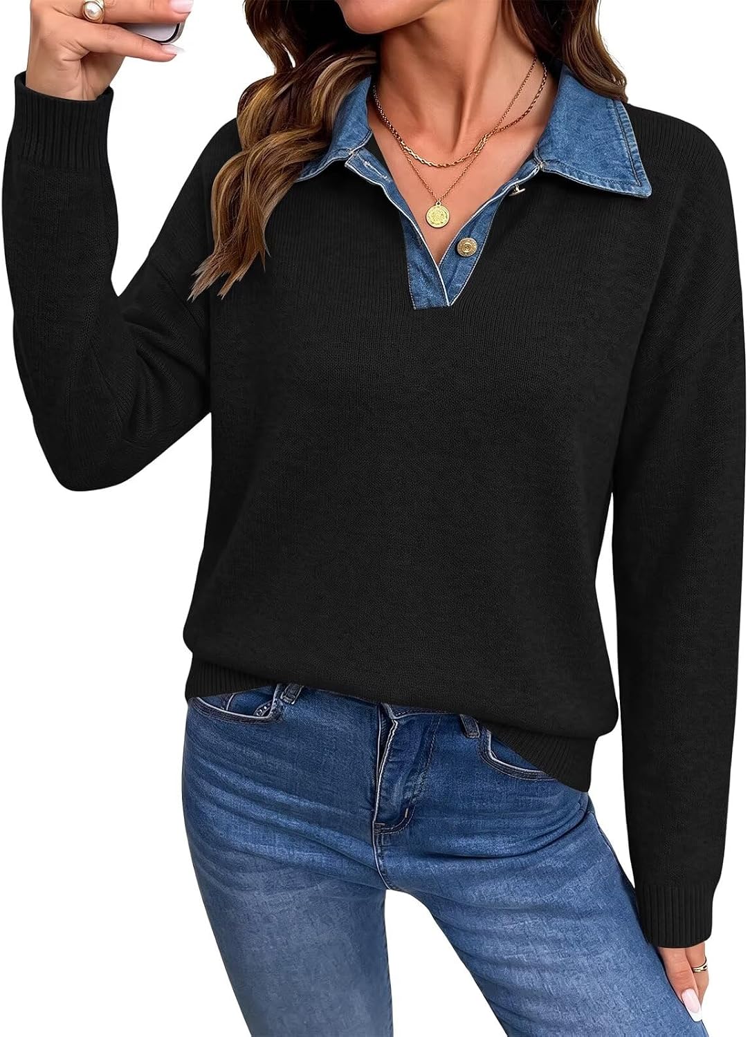 QACOHU Women's Denim Collar Sweater Long Sleeve Button Polo Knit Tops ...