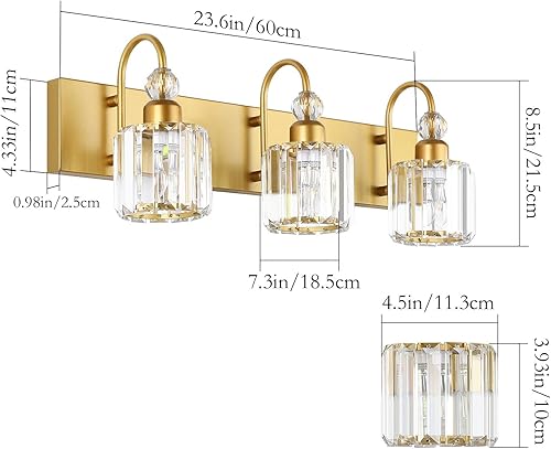 Miniatura 5 de Ralbay - Luces para tocador de baño doradas, 3 luces, de cristal dorado, modernas lámparas para usar sobre el espejo.
