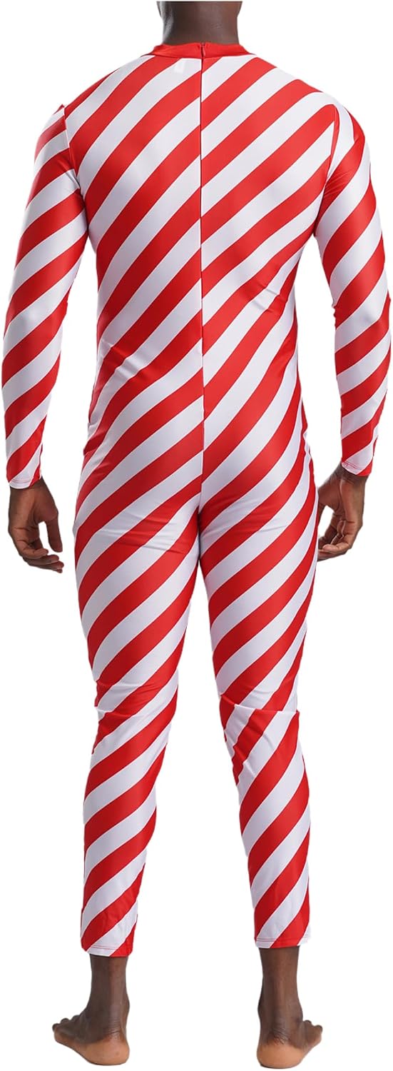 Mens Candy Cane Striped Leotard One Piece Full Bodysuit Jumpsuits Christmas Cosplay Fancy Dress
