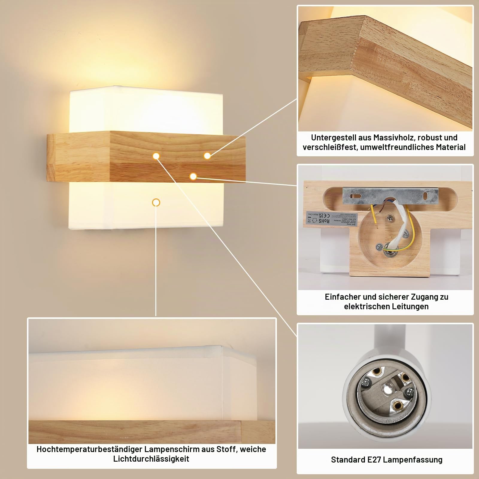 DELIPOP Wandleuchte Holz Innen, Vintage Quadratische Wandlampe mit Stoff Lampenschirm, E27 Industrielle Beleuchtung fürWohnzimmer Schlafzimmer Flur Esszimmer Küche