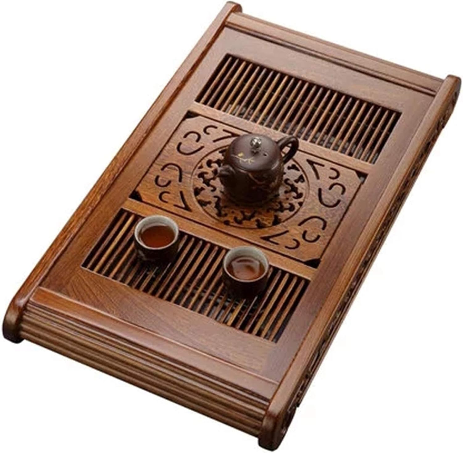Chinese Gongfu Tea Tray Box, Solid Rosewood and Wenge Wood with Water Storage, Elegant Slatted Design for Ceremony, Removable Top Easy Drainage,