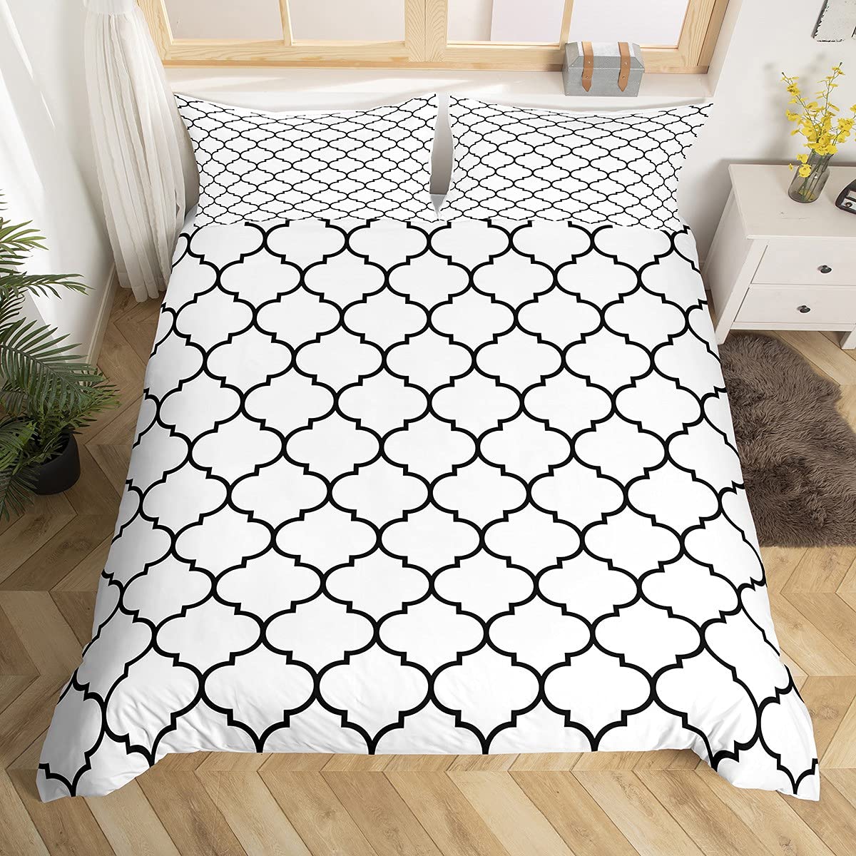 Geometric Duvet Cover Boys Girls Quatrefoil Bedding & Linen Ultra Soft Microfiber Bedding Set For Kids Teens Adults White Quatrefoil With Black Bedding & Linen Bedroom Single Size Zipper โ image 1