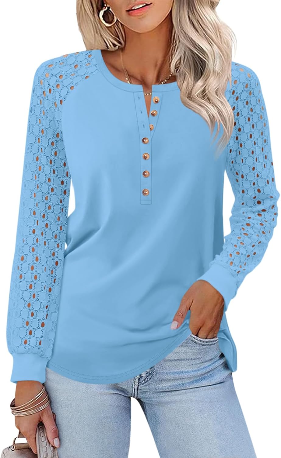 Minetom Women's Lace Long Sleeve Tops Henley Shirts Casual Blouses T Shirts Fall Clothes