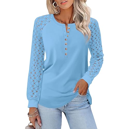 Minetom Women's Lace Long Sleeve Tops Henley Shirts Casual Blouses T Shirts Fall Clothes