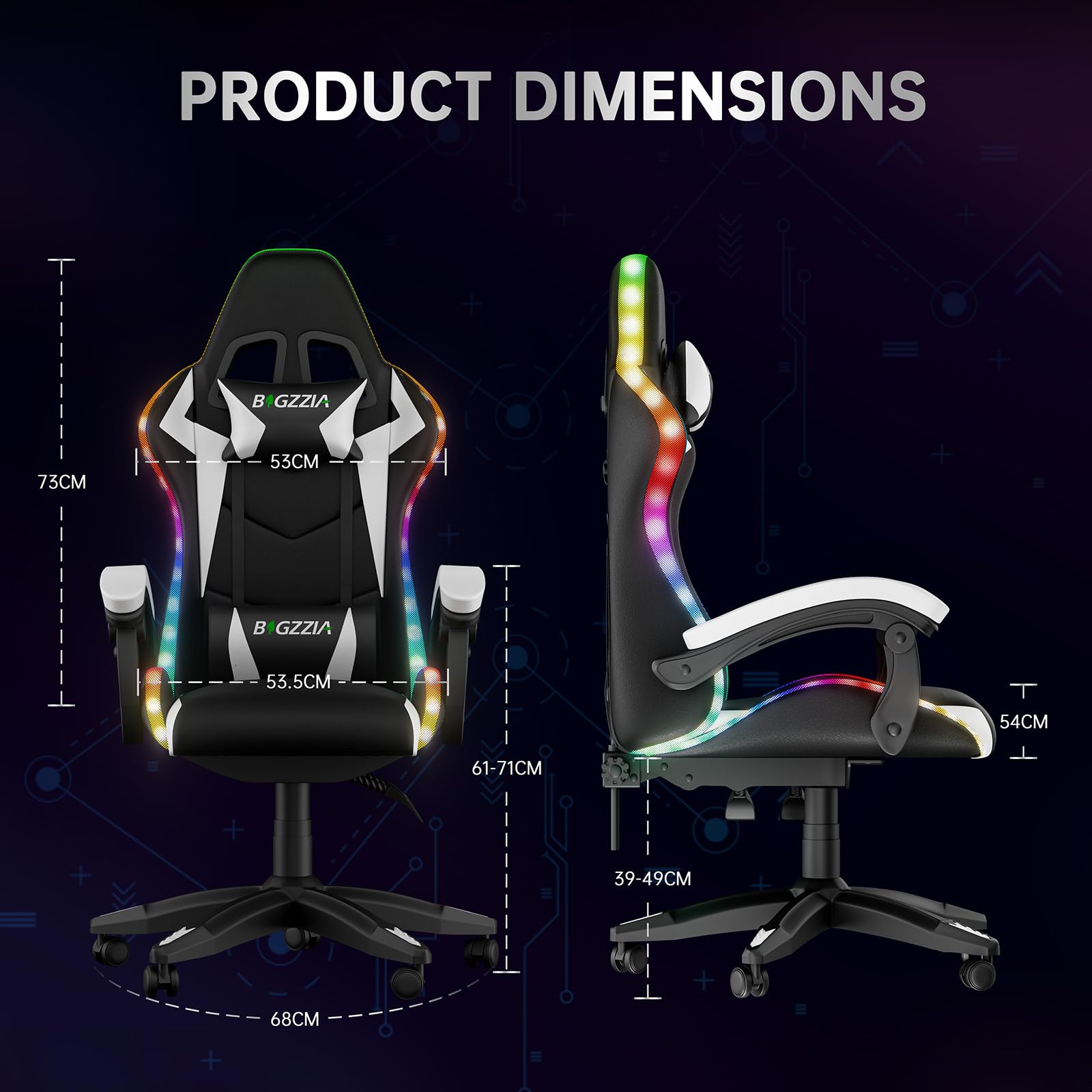 Silla de juegos con luces LED, silla reclinable ergonómica con luces RGB, reposacabezas ajustable y soporte lumbar, silla de oficina de piel sintética para computadora, altura e inclinación
