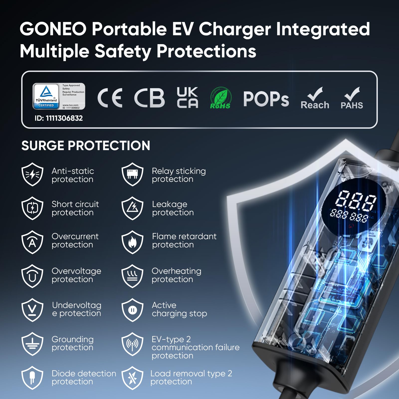GONEO Portable EV Charger 5M, 3-Pin UK Plug to Type 2 | Temperature Monitor,AC 30mA+DC 6mA Leakage & Earth Protection | 10A 2.3kW Electric Car Charging Cable for Home/Travel,Adjustable Current & Timer — view 9