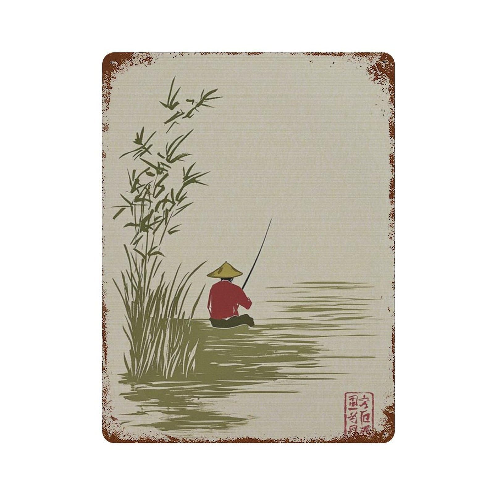 xiaoxiaoshen Fishing Man Japanese Style Minimal Lake Scene Zen Calm Nature Wall Decor Art Metal Tin Poster Modern Home Decor Art Home Bar Shop Decorations Vintage Sign 40x30cm