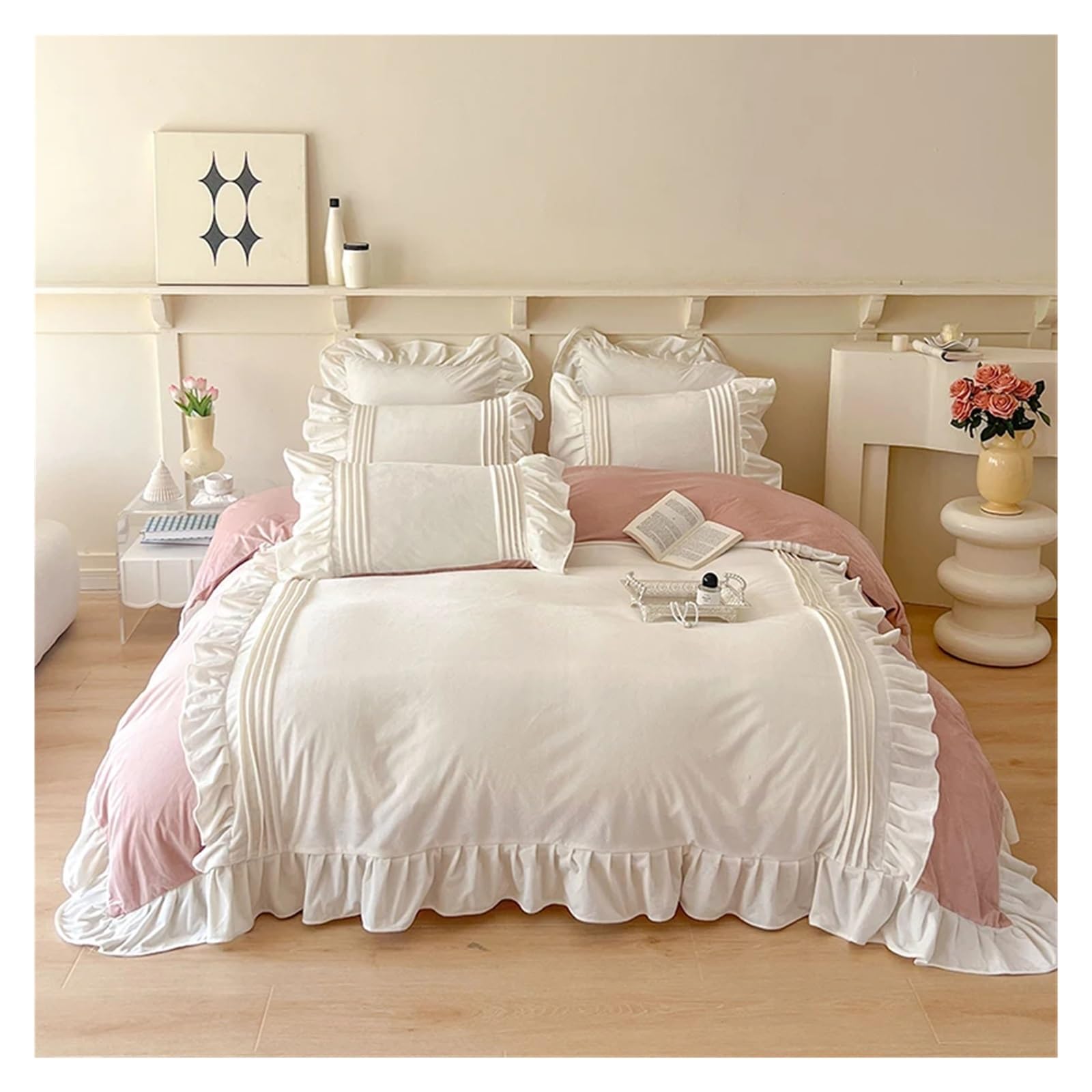 Housse de couette velours polaire à volants ensemble de literie chaud hiver style drap fille