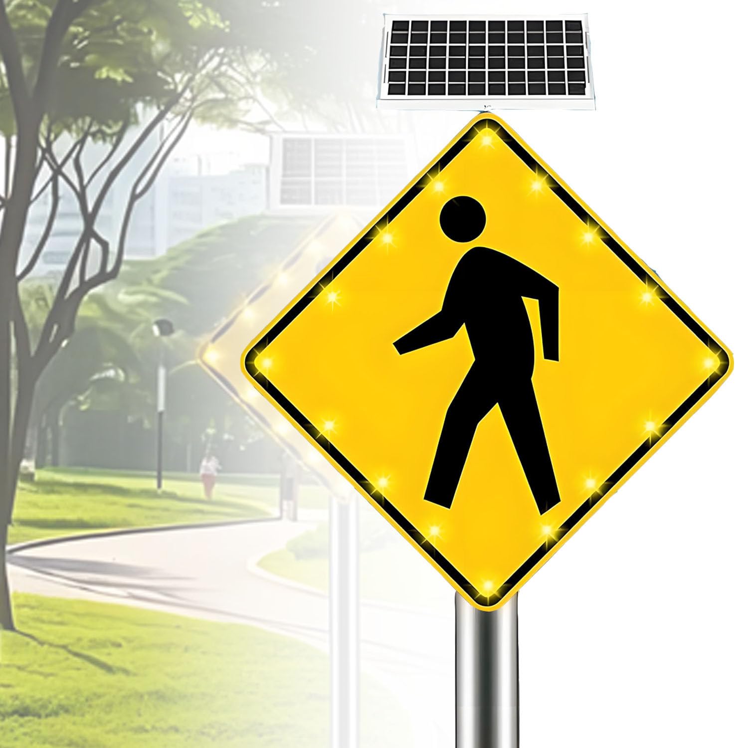 ROEFETY Solar Pedestrian Crossing Sign,16 Flashing LED Highlight Road Traffic Blinking Street Warning Sign,Aluminum IP65 Weatherproof Crosswalk Signs for Park School Urban 30inches