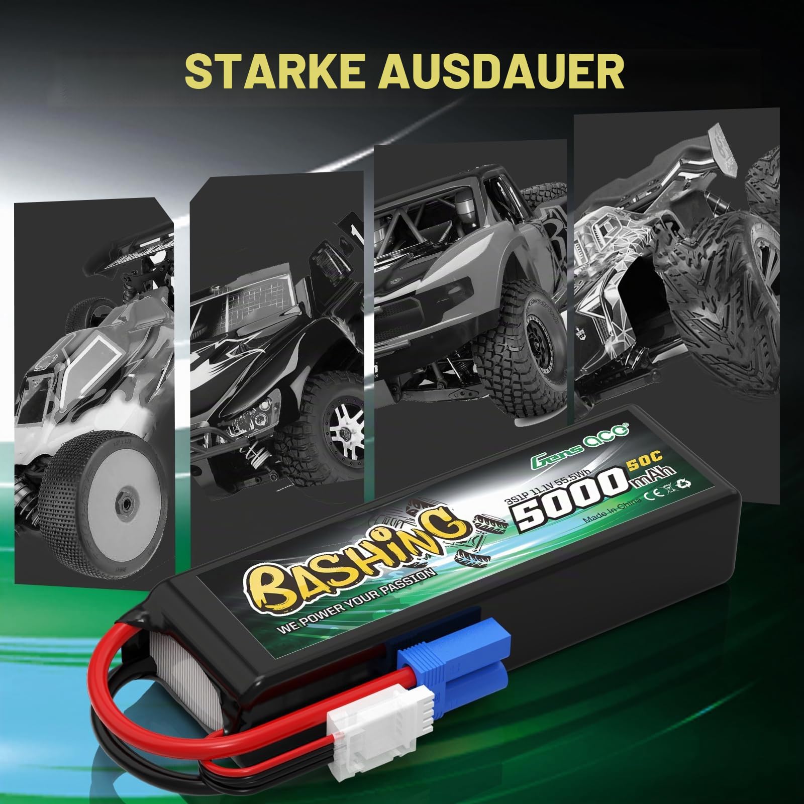 Gens ace 3S Lipo 5000mAh 11.1V 3S1P 50C Bashing Lipo Akku mit EC5 Stecker für die meisten RC-Autos im Maßstab 1/8, 1/10