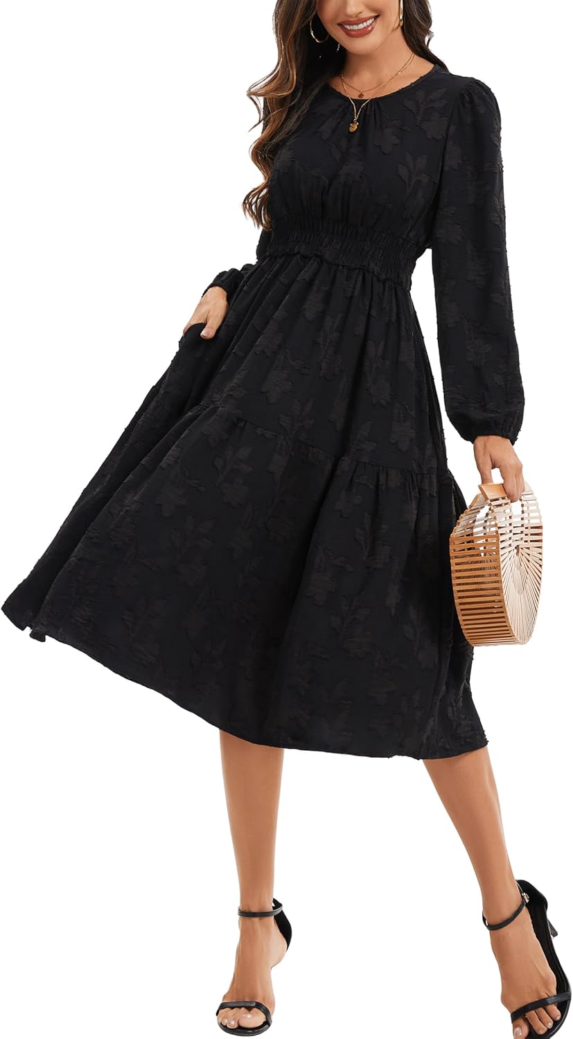 Kormei Women Casual Boho Floral Long Sleeve Midi Dress Round Neck Smocked Waist Tiered Flowy Fall Swing Short Dresses - Image 3