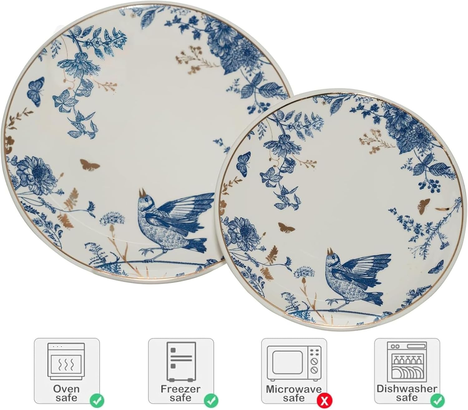 Porcelain Floral Plates Ceramic 8 Inch & 10 Inch Ceramic Plates 4 Pieces, Dessert Plate Blue and White, Salad Plate Set, Floral Dinnerware Set for Kitchen, Dinner Plate for Cake Snacks Side Dish
