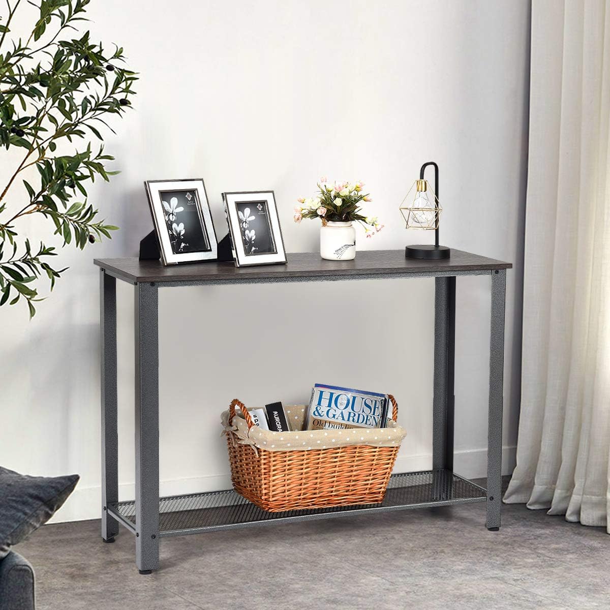 Giantex Console Sofa Table Wood W/Adjustable Feet and Storage Shelf, Scratch-Proof and Mental Frame Multipurpose Accent Furniture for Entryway, Living Room, Bedroom Sofa Side Table (Gray)