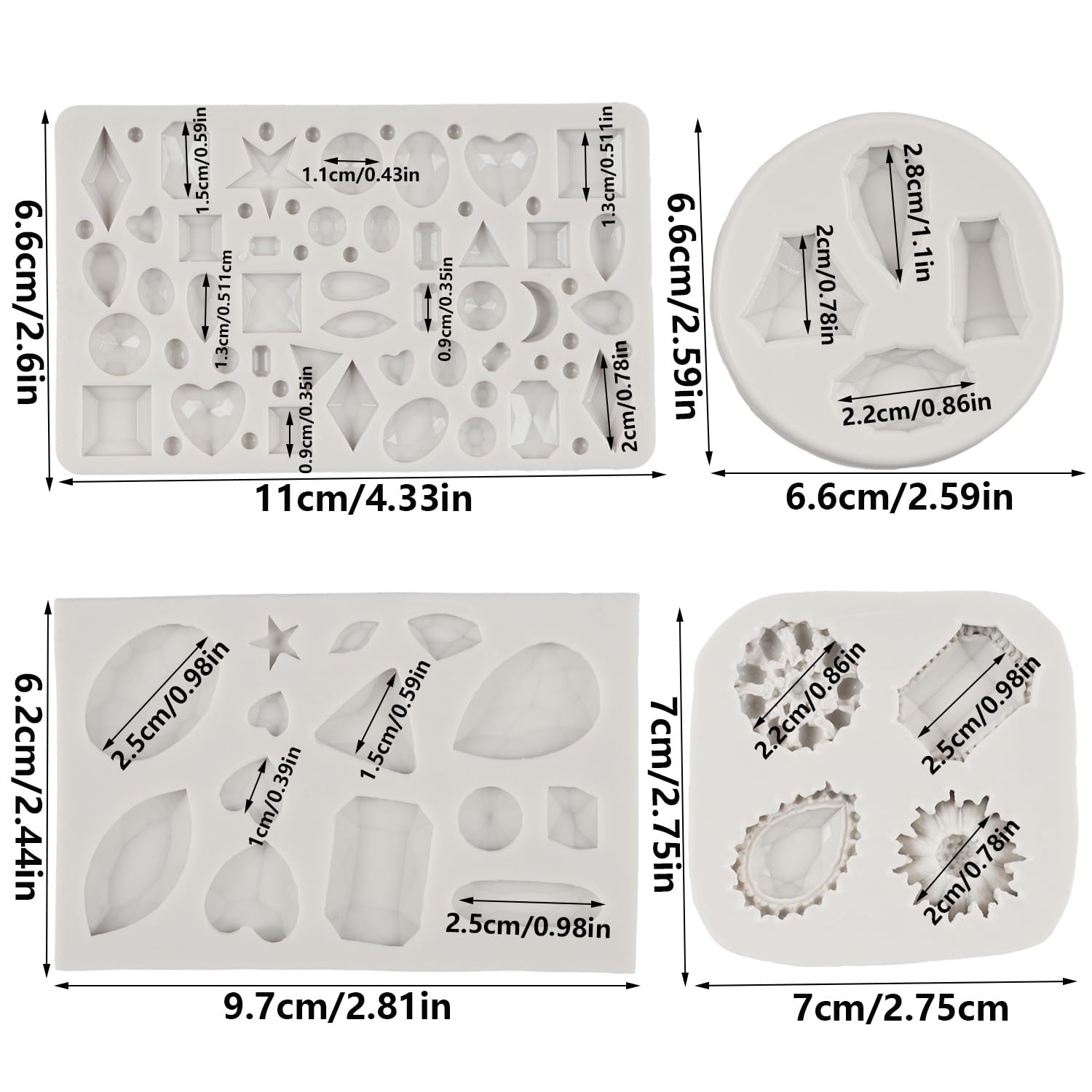 Gems - Juego de 4 moldes de silicona para fondant con forma de diamante para decoración de pasteles, cupcakes, chocolate, caramelos, arcilla polimérica, pasta de goma