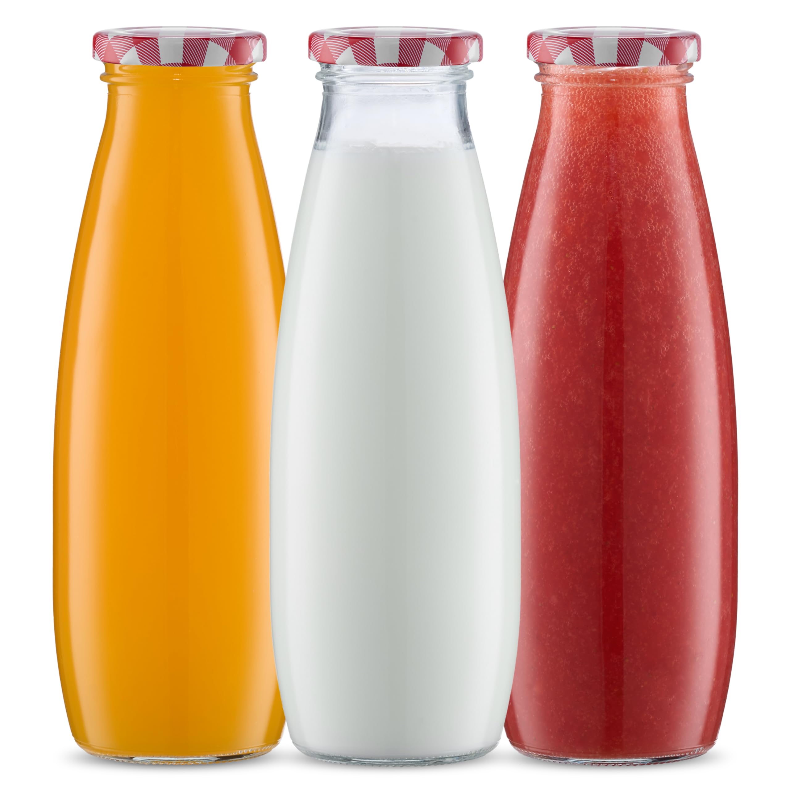 500ml Glass Milk Bottles with Lids - Retro Red Gingham Lids - Juice Milk Jam Airtight Storage Dispenser Bottles Set of 3