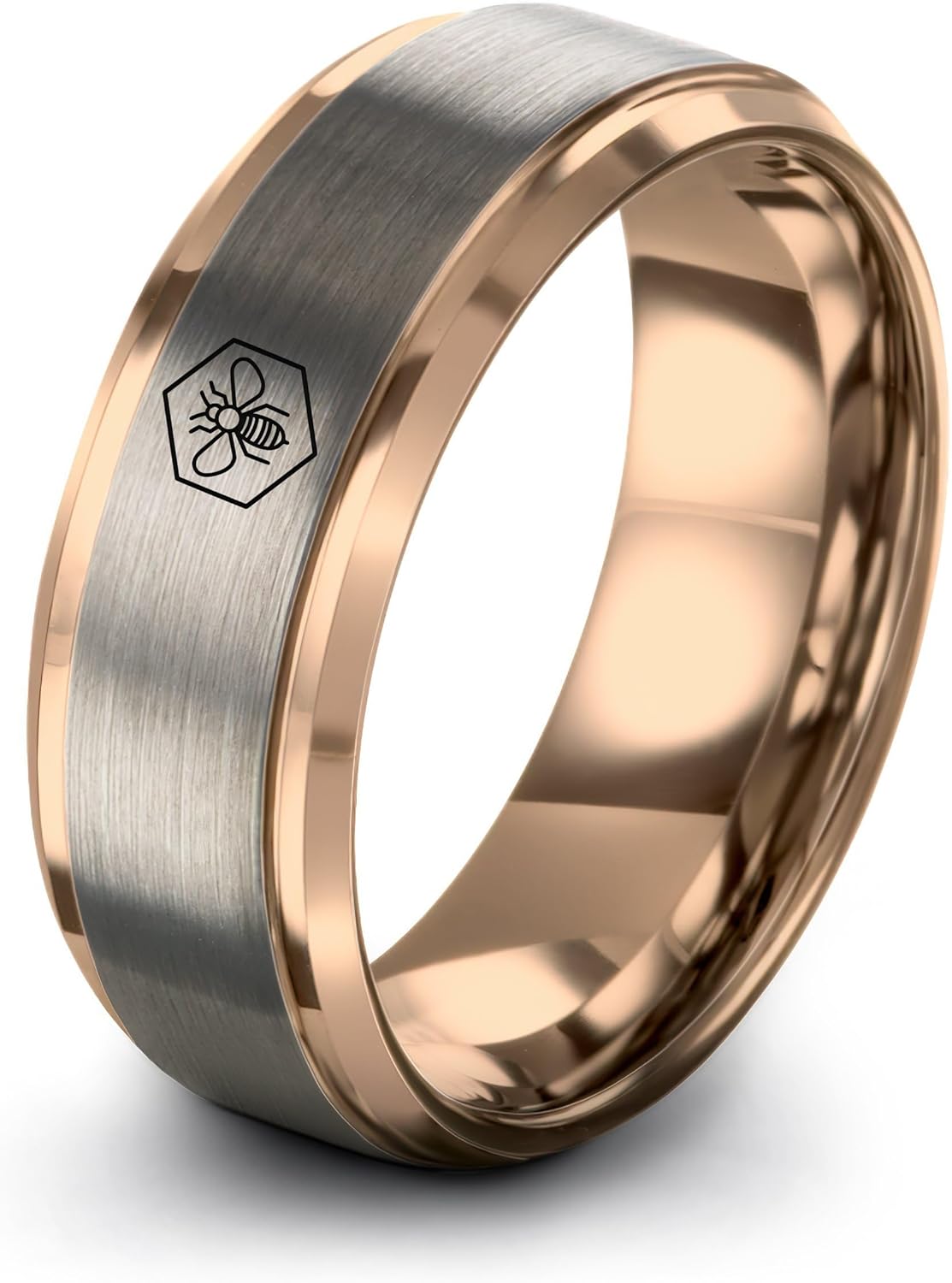 Bee In Hive Ring - Gift for Bee Fan - 8mm - Personalized Custom Engraving - Flat Dome Bevel - Brushed Polished - Silver Yellow Rose Gold Black - Tungsten - Band - Men Women - Anniversary Wedding