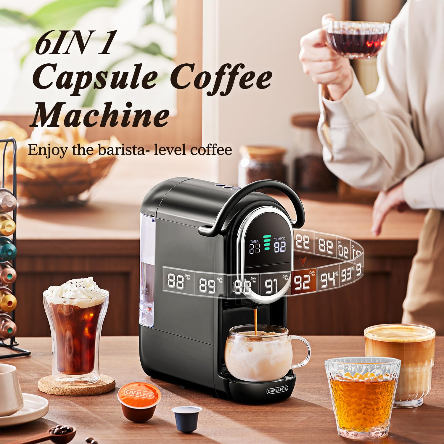 CAFELFFE MK-609S - Macchina da caffè a capsule, 6 in 1, 7 impostazioni dell'acqua e funzione di infusione calda/fredda, 19 bar, compatibile con NES Original/DG/ESE/capsule K-Cup/tè/caffè macinato