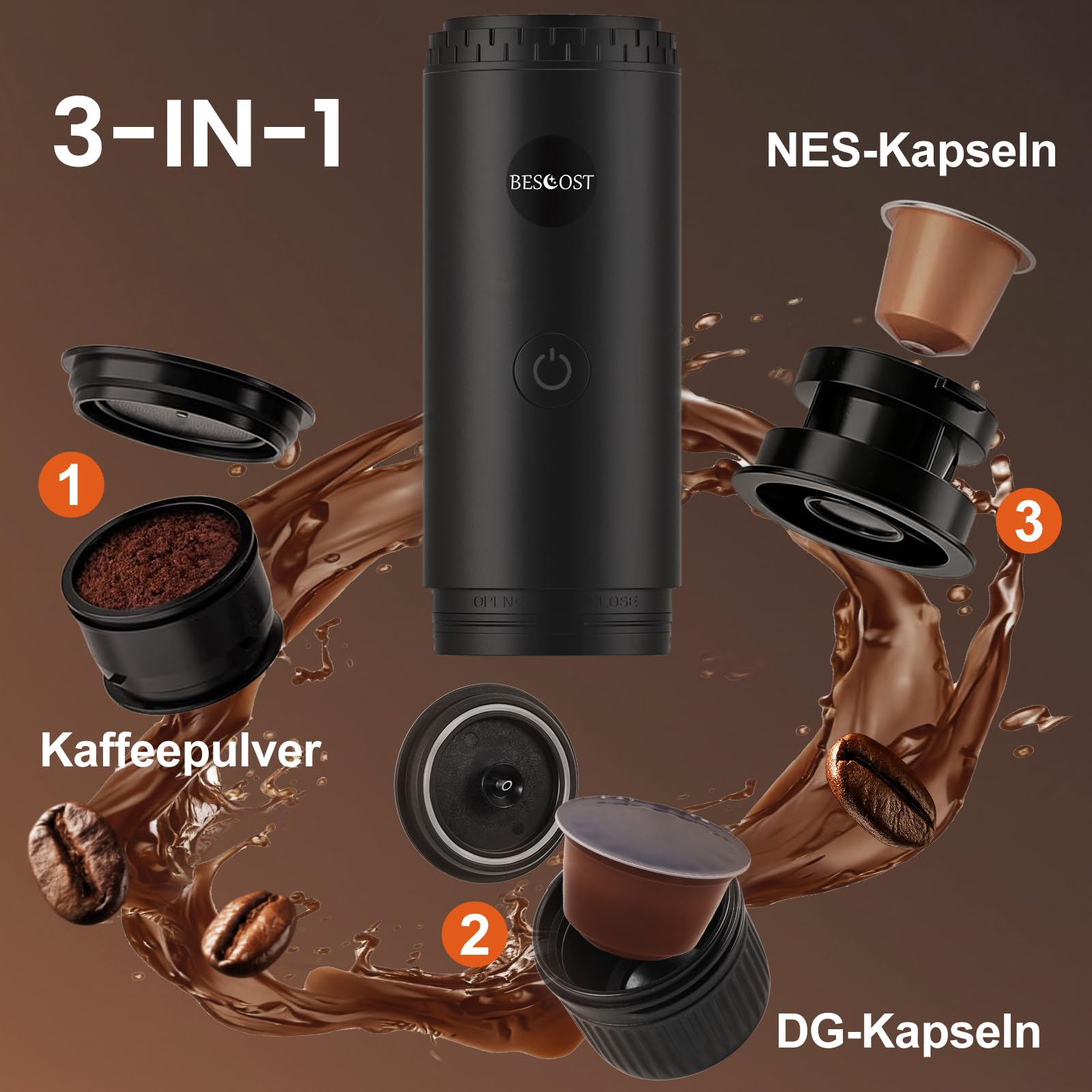Tragbare Espressomaschine, 3 in 1 für NS & DG Kapseln & Kaffeepulver, Kaffeemaschine mit Heizfunktion – 20 Bar Druck, USB-C Akku, ideal für Reise & Camping