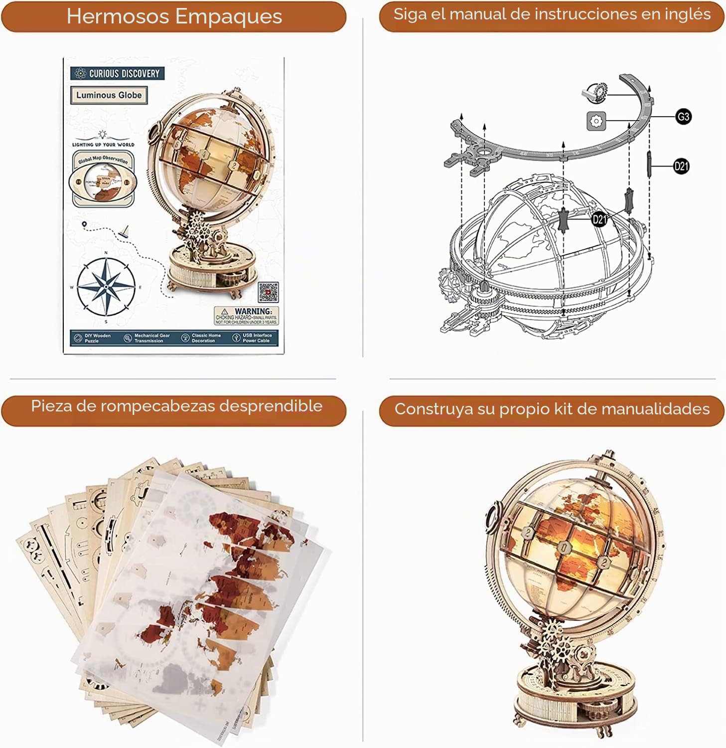 ROWOOD Puzzle 3D Madera Globo Luminoso, Maquetas para Construir Adultos, Luz Nocturna, Regalos para Adolescente