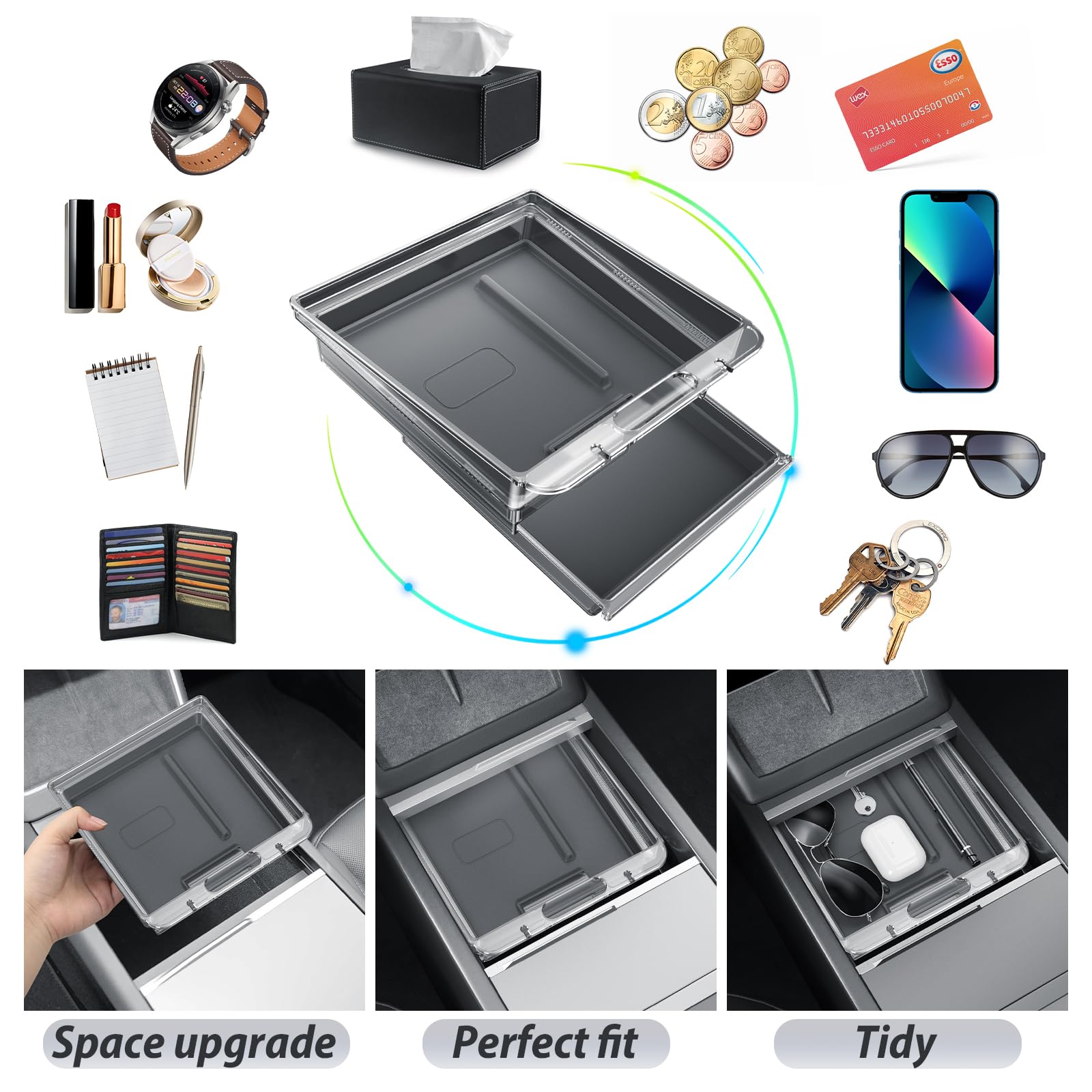 SKTU Organizer per Console Centrale, Accessorio per Tesla Model 3 Highland 2024-2026 e Y Juniper 2025 2026, Contenitore a Doppio Strato con Imbottitura per Tesla Juniper Highland Accessories