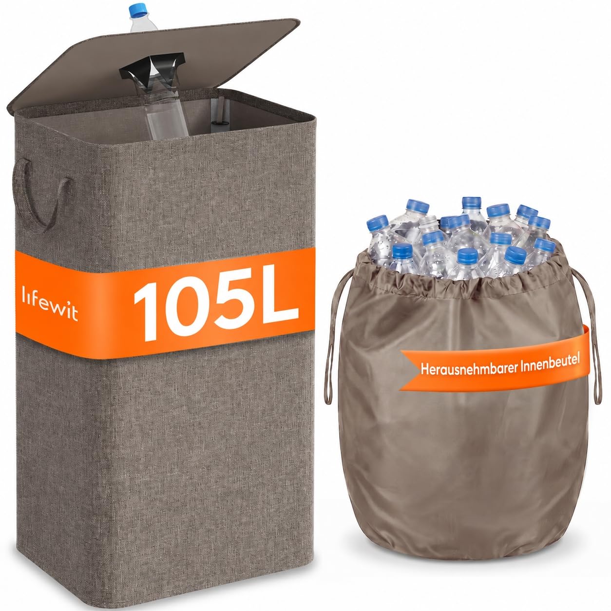 Lifewit 105L Pfandflaschen Sammelbehälter mit Deckel, Braun