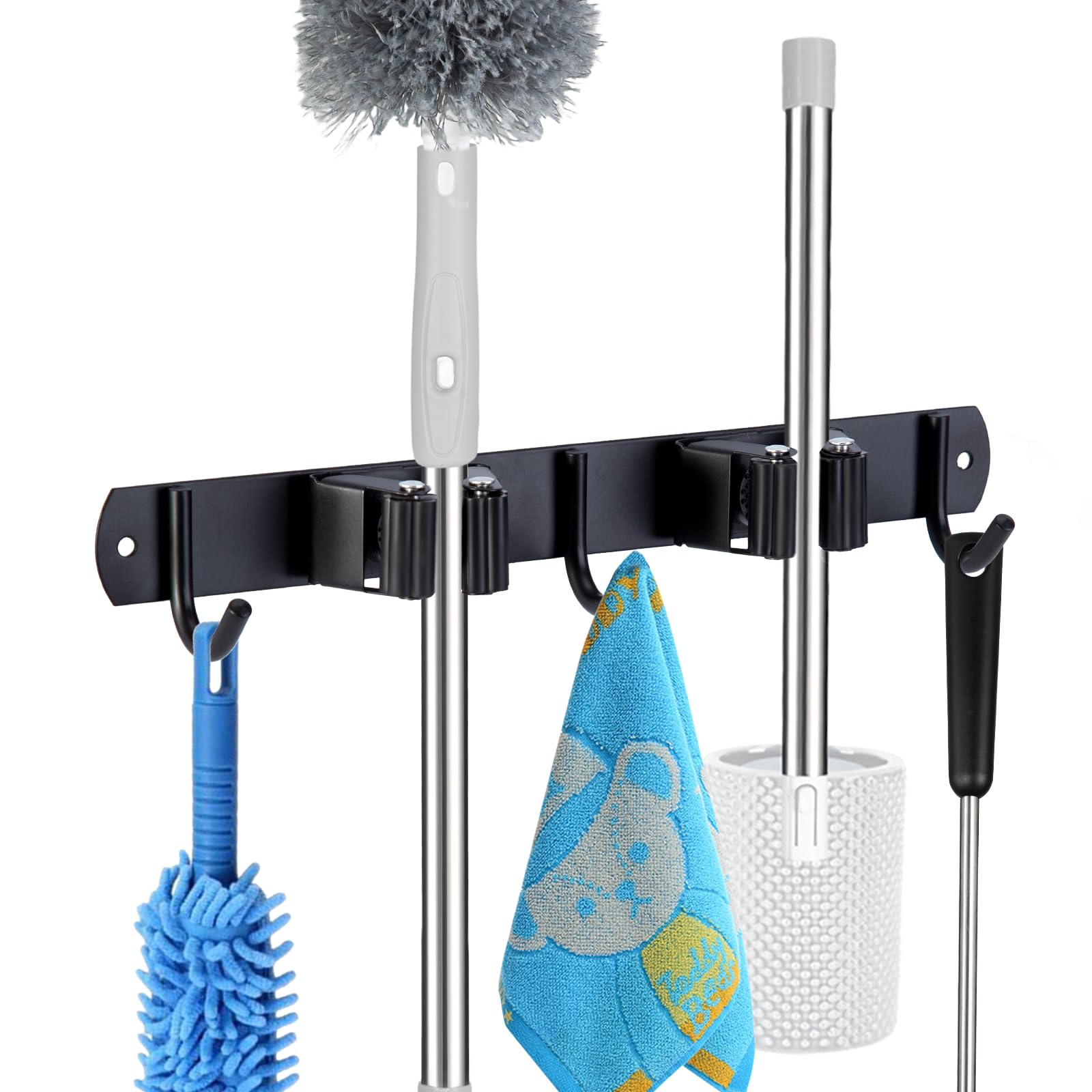 voze 2 estantes y 3 ganchos para fregona y escoba, soporte de pared, autoadhesivo resistente, organizador de escobas, estantes de herramientas de almacenamiento para cocina, jardín, lavandería, garaje