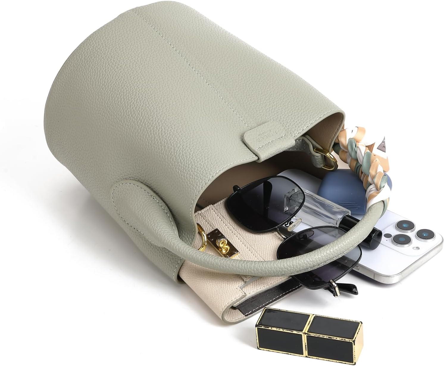 Women's small crossbody bag made of synthetic leather, mini bucket style shoulder bag with scarf, detachable shoulder strap - Image 8