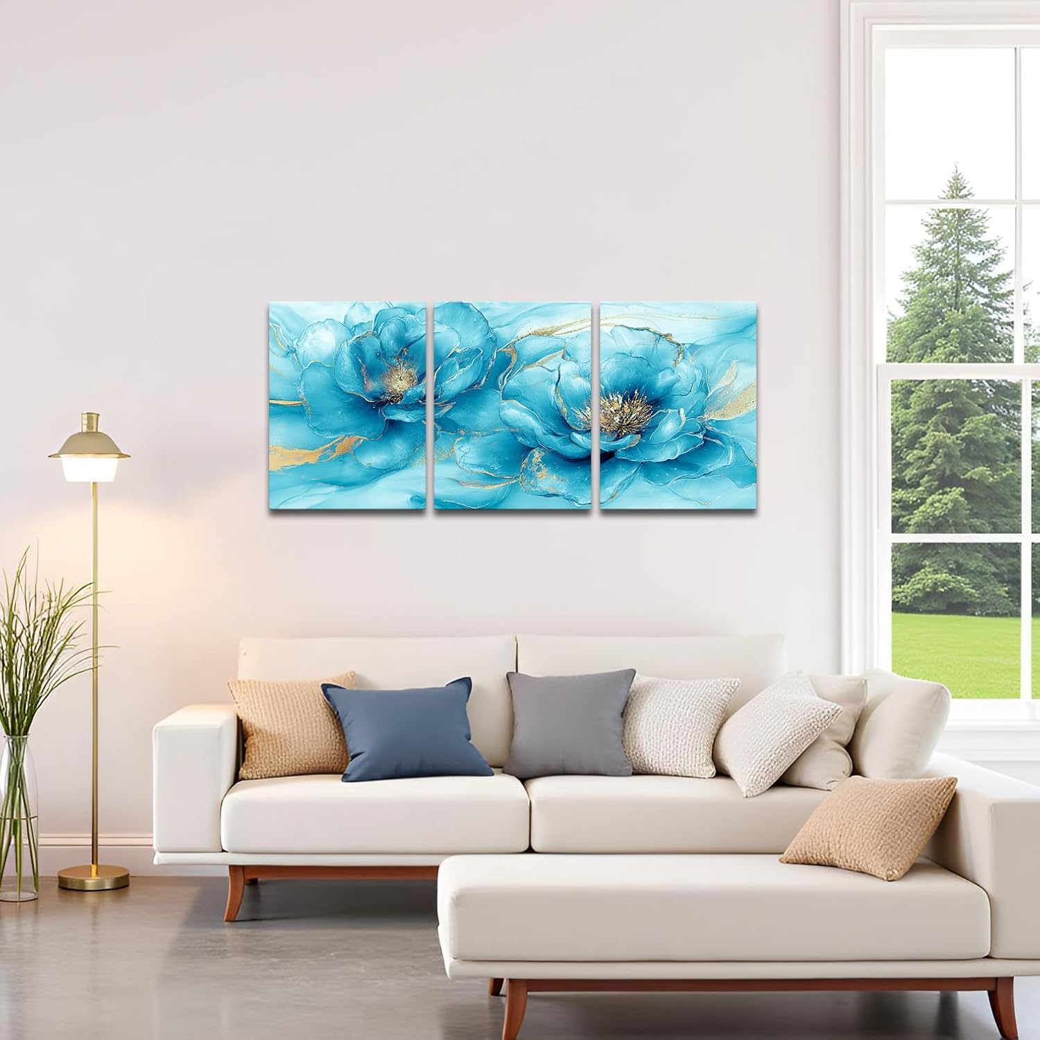 sechars Modern Floral Wall Art Turquoise Blue Flower Print with Gold Accents Picture Paintings Bathroom Marble Decor (Small)