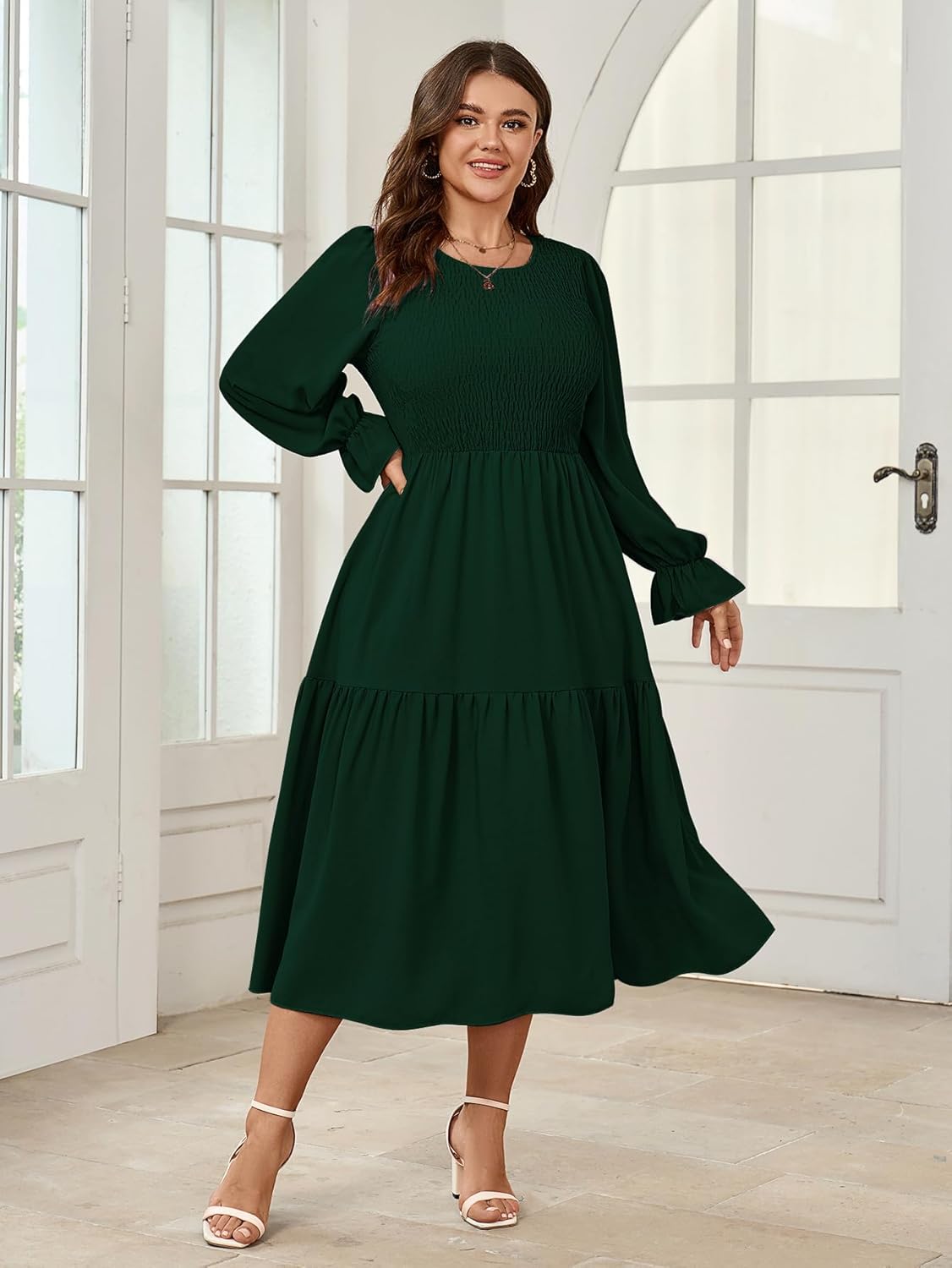 Women's Plus Size Dress Long Sleeve Crewneck Smocked Tiered Flowy Boho Wedding Party Maxi Dresses - Image 4