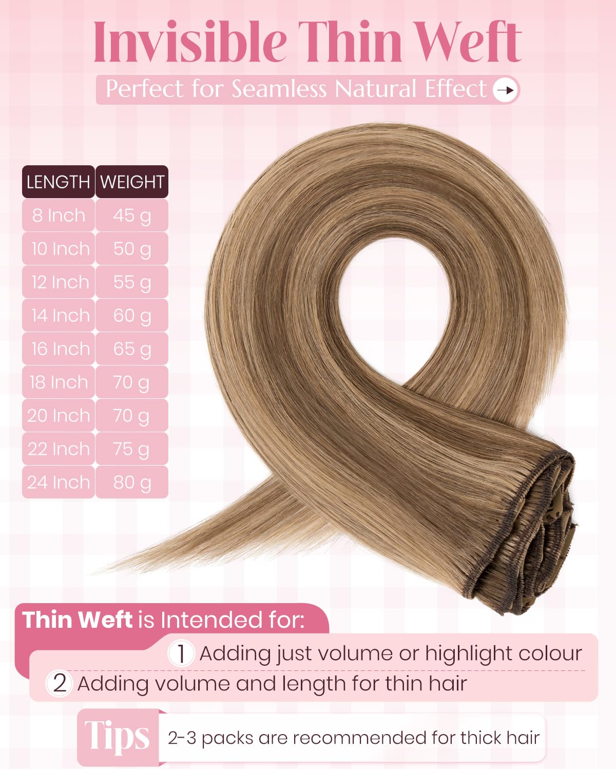 SLEEKALON Human Hair Extensions Clip in Real Hair Remy Highlighted #4/27 Medium Brown Mix Dark Blonde - Image 4