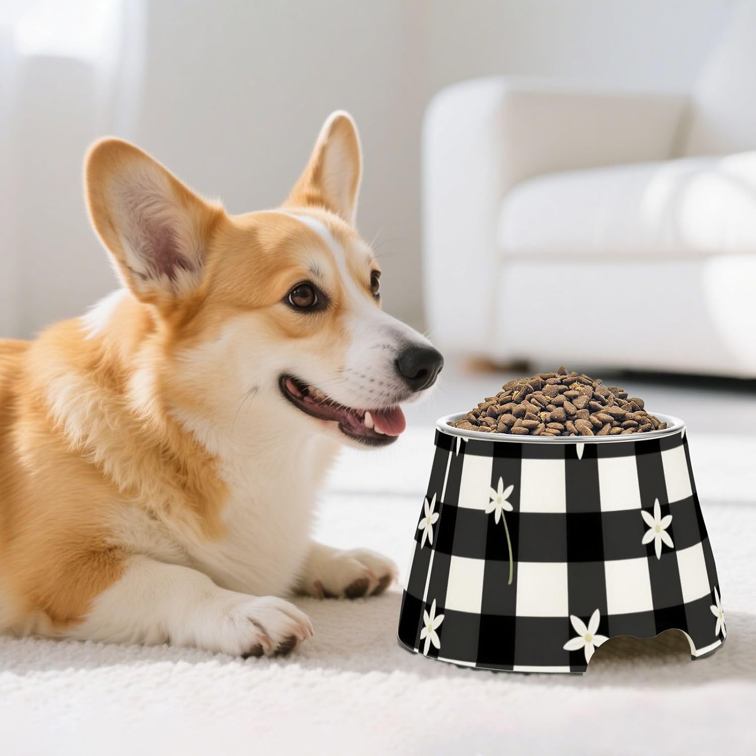 Plaid Black&White Small Flowers Bowls for Pets Non Skid Stainless Steel Pets Basic Bowls for Dogs Cats Rabbits Birds Whisker Fatigue cuencos para Perros