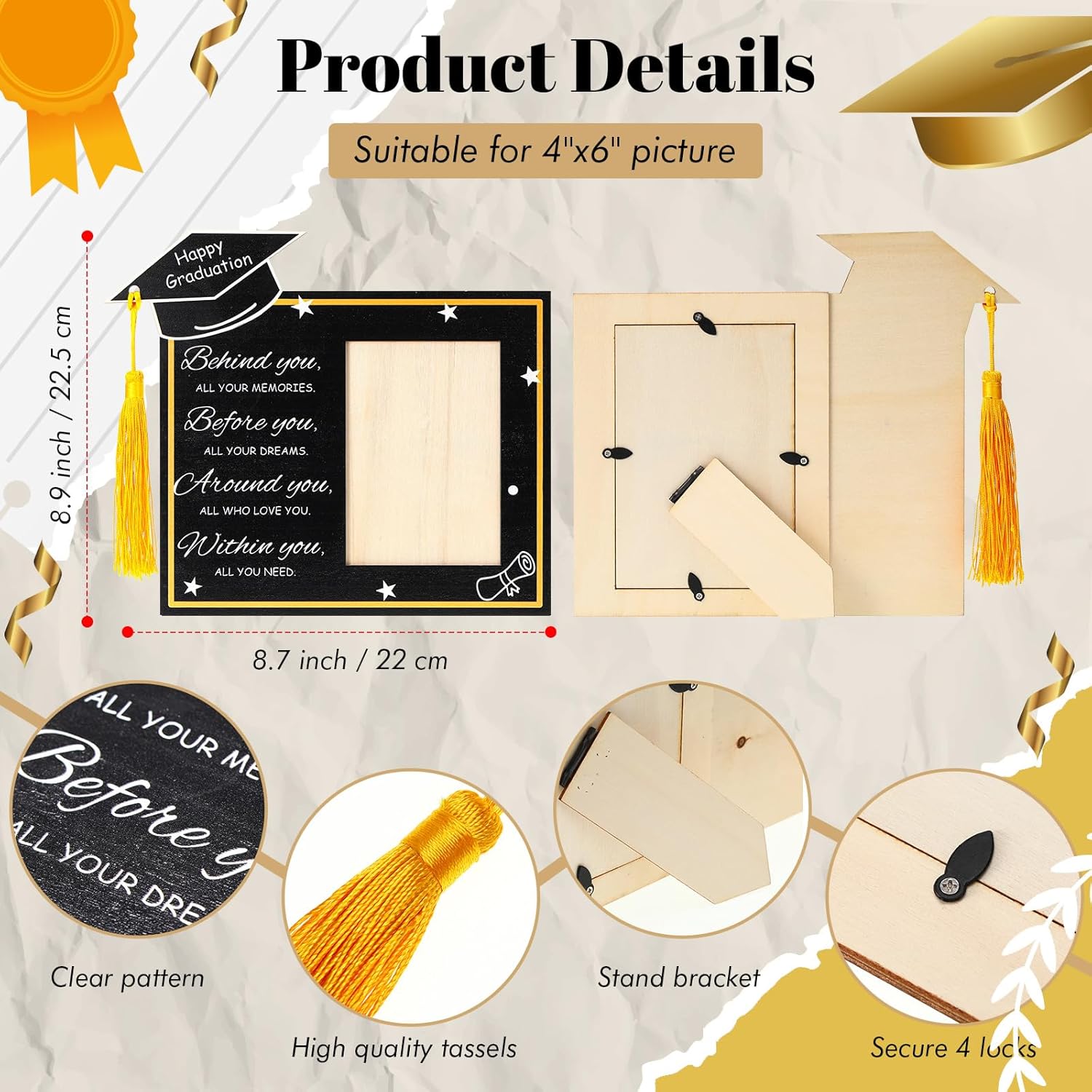 12 Pack 2026 Wooden Graduation Picture Frames with Tassel Holder, 4" x 6" Class of 2026 Graduation Photo Frame Bulk Gifts for College High School Graduated Party Favor