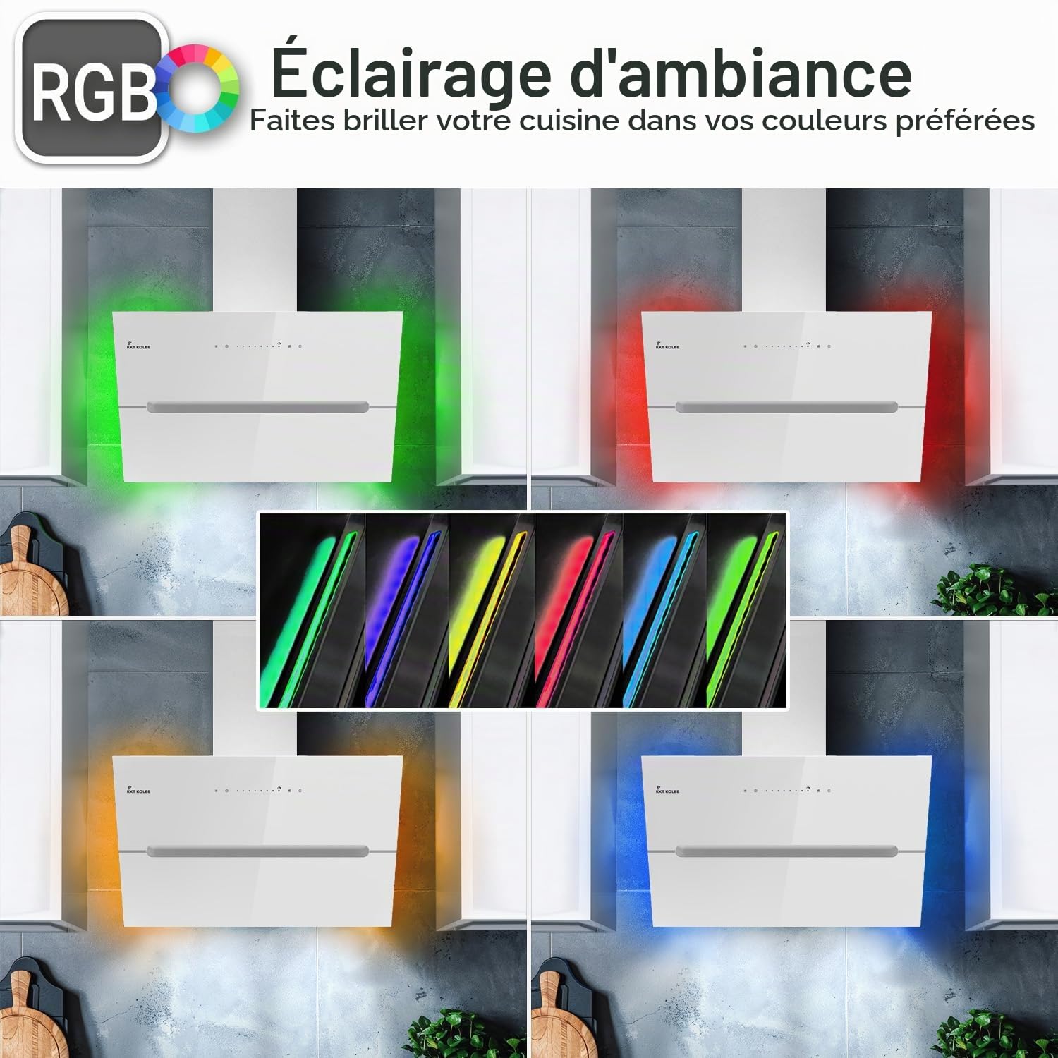 KKT KOLBE Hotte aspirante murale ECCO9005WM, 90 cm, sans tête | 782 cbm/h, évacuation et recirculation, verre blanc, éclairage LED RGBW, application WiFi intelligente, Wi-Fi