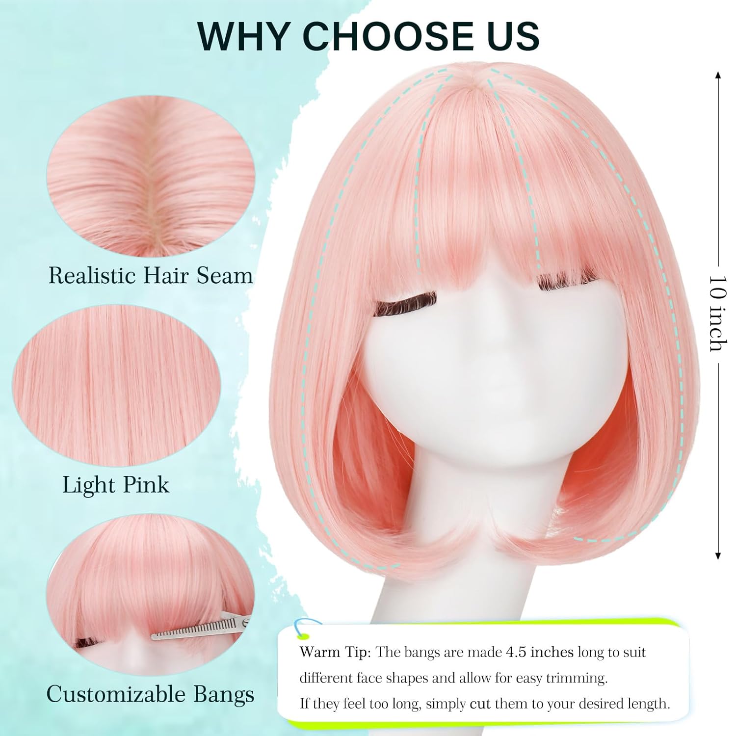 Light Pink Bob Wigs with Bangs (Can Be Trimmed) Straight Short Wigs for Women Synthetic Pink Wig for Cosplay Women Funny Wig for Party Halloween Daily Anime Costume Events Wear