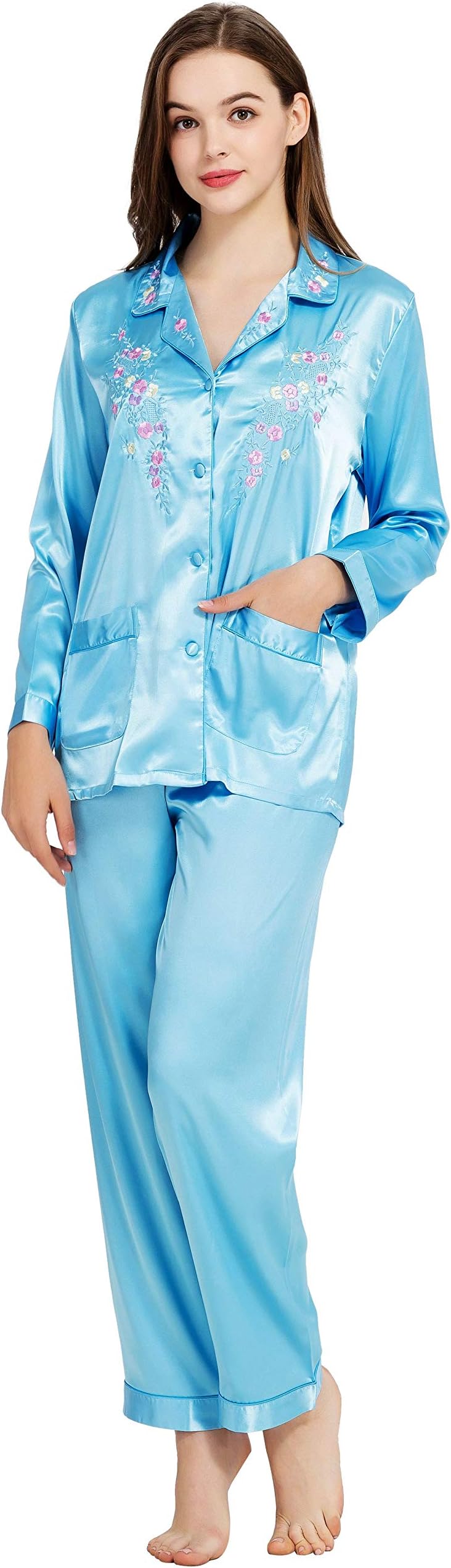 LONXUWomens Silk Satin Pajamas Long Sleeve Loungewear Two-Piece Sleepwear Button-Down Pj Set