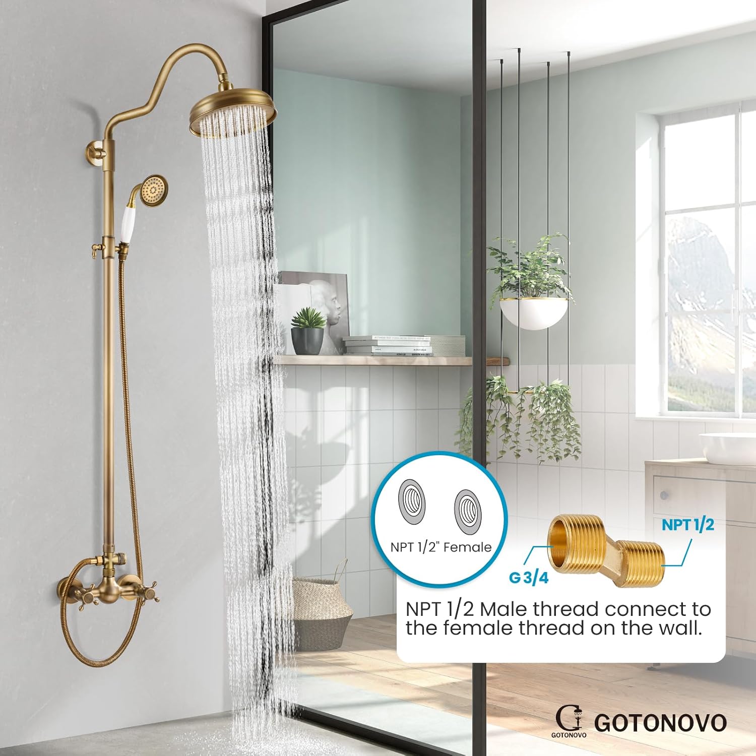 gotonovo Luxury Exposed Shower Faucet Set Bathroom Shower System 8 Inch Wall Mount Rainfall Shower Head with Handheld Spray Cross Double Handle Shower Fixture Adjustable Arc Rod Antique Brass
