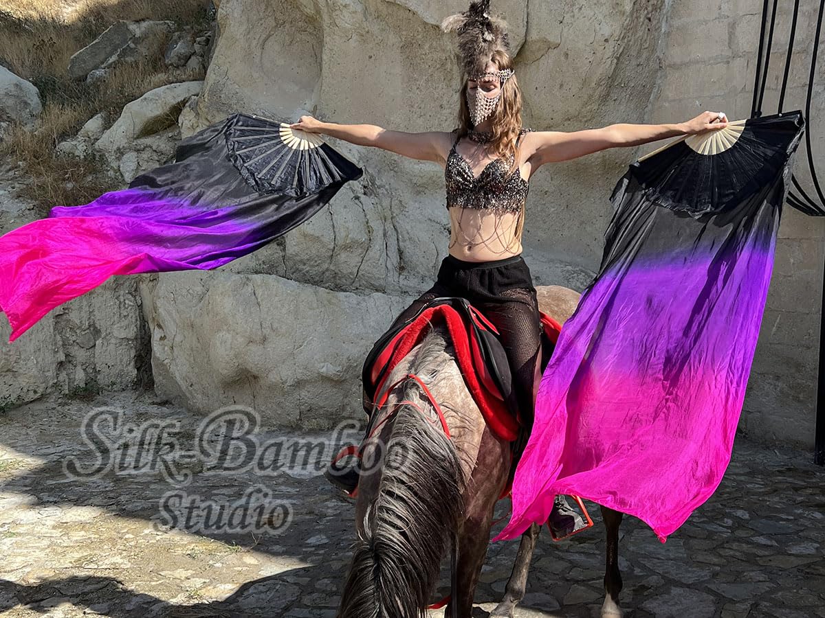 Winged Sirenny Paar Handgemalter Vielseitig Seidenfächer-Schleier mit Poi-Schnüren, Leichte 150cm Fächer-Pois für Bauchtanz, Tribal Dance, Bühnenshows & Spirituelle Tanz (schwarz-violett-rosa)
