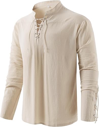 Camisa para hombre con temática pirata medieval renacentista steampunk retro de manga larga con encaje, camiseta viking gótica para disfraz de