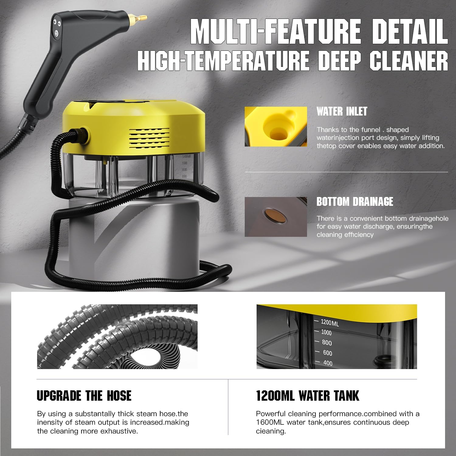 Steam Cleaner for Home&Kitchen, 212°F High Temperature, 1200ML Tank, Portable Handheld Steam Cleaner for Car Carpet Detailing Window Floor Couch Grease Tile, Pressurized Steamer for Cleaning - Image 3