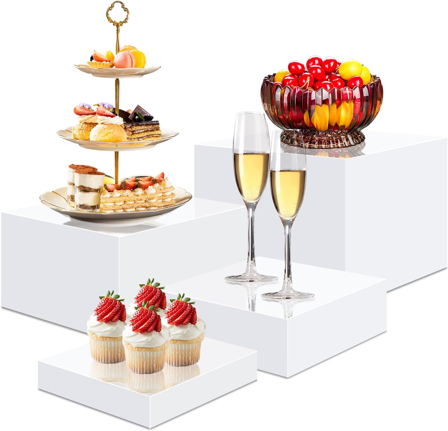 BINBE 4 Pcs Acrylic Risers for Display White Risers Buffet Risers Dessert Display Stand Hollow Bottoms 4 Different Size Cube Acrylic Product Display Risers for Party Decor