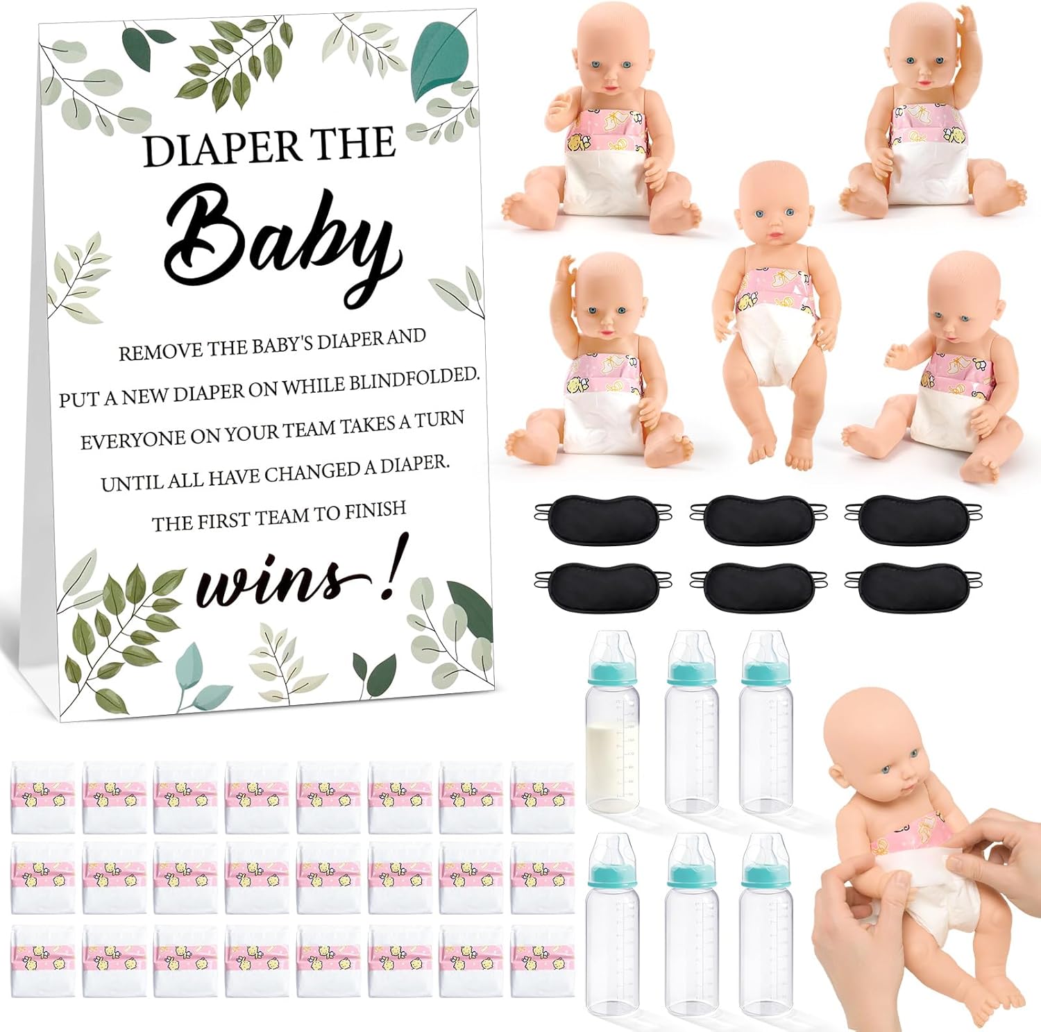43 Pcs Baby Shower Diaper Changing Game Supplies Including 11.8 Inch 6 Dolls 24 Diapers 6 Bottles 6 Blindfold with Sign for Gender Reveal Changing Diaper Pong Race Game Party Favor